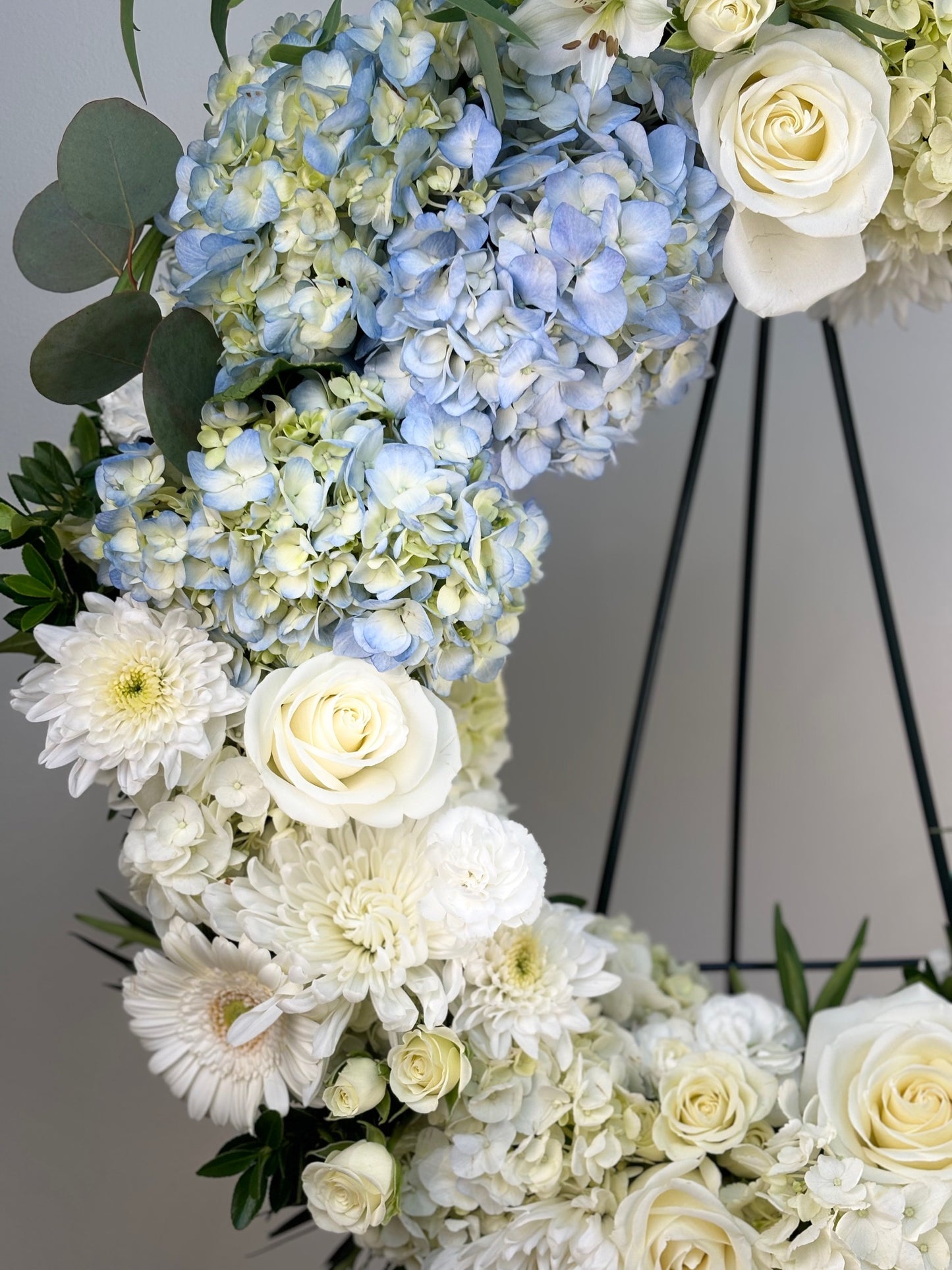 Sympathy Flower wreath Close Up with Hydrangeas