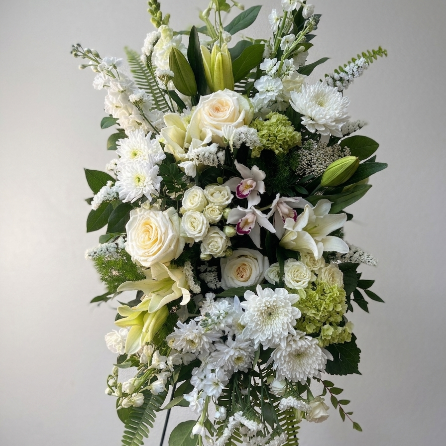 Floral arrangement with white and green flowers on a stand against a gray background