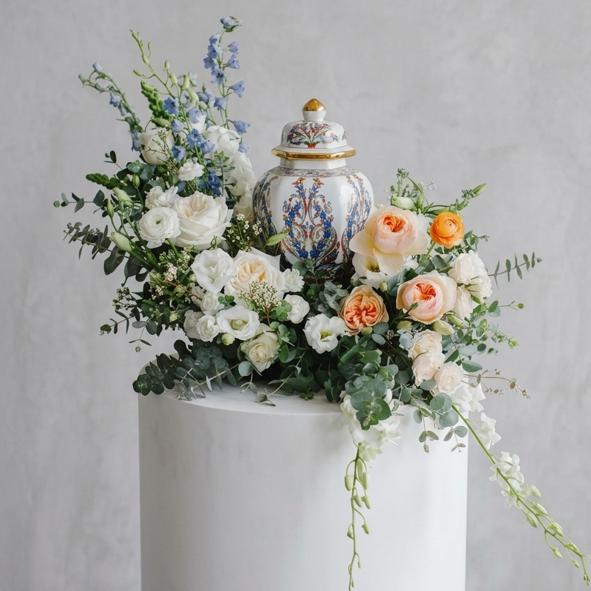 Funeral urn with flowers on a white pedestal against a gray background