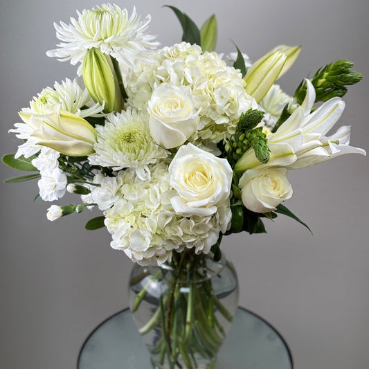 White Sympathy Flower Vase by Jolie Flower Shop of Cape Cod