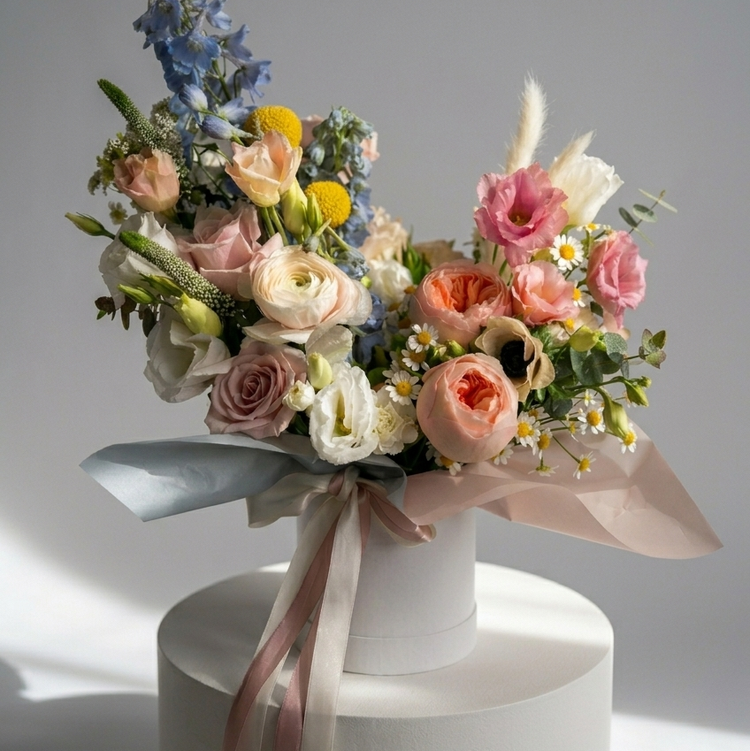 Bouquet of flowers on a white pedestal with a light gray background